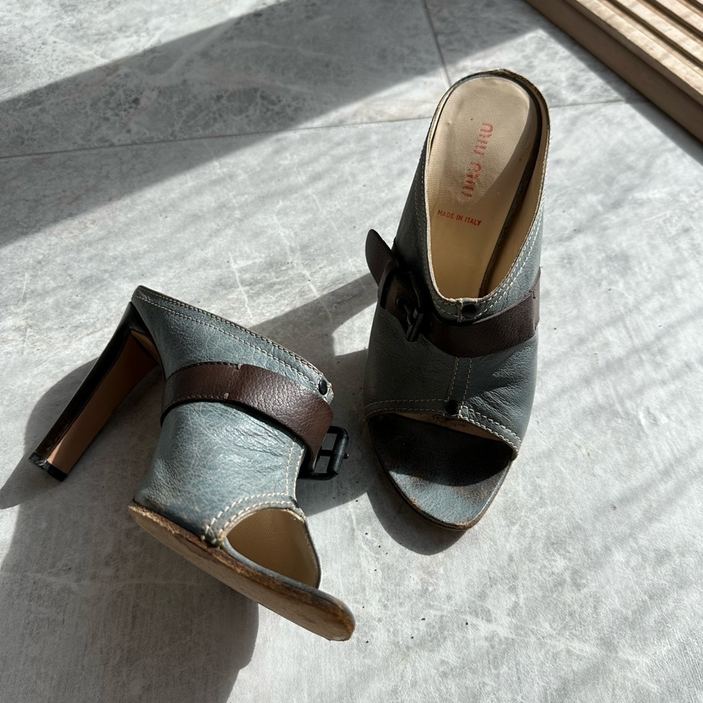 Vintage Mui Mui Denim-Like Leather Sandal Heels